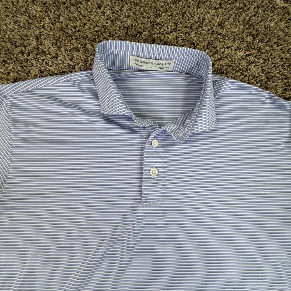 Holderness & Bourne Mens L Tailored Fit Blue Stripe Golf Polo Embroidered Logos